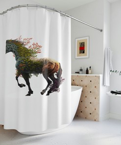 Beyond Animals Brown Horse Sherpa Shower Curtain, Unique Horse Curtain For Restrooms, Waterproof Fabric