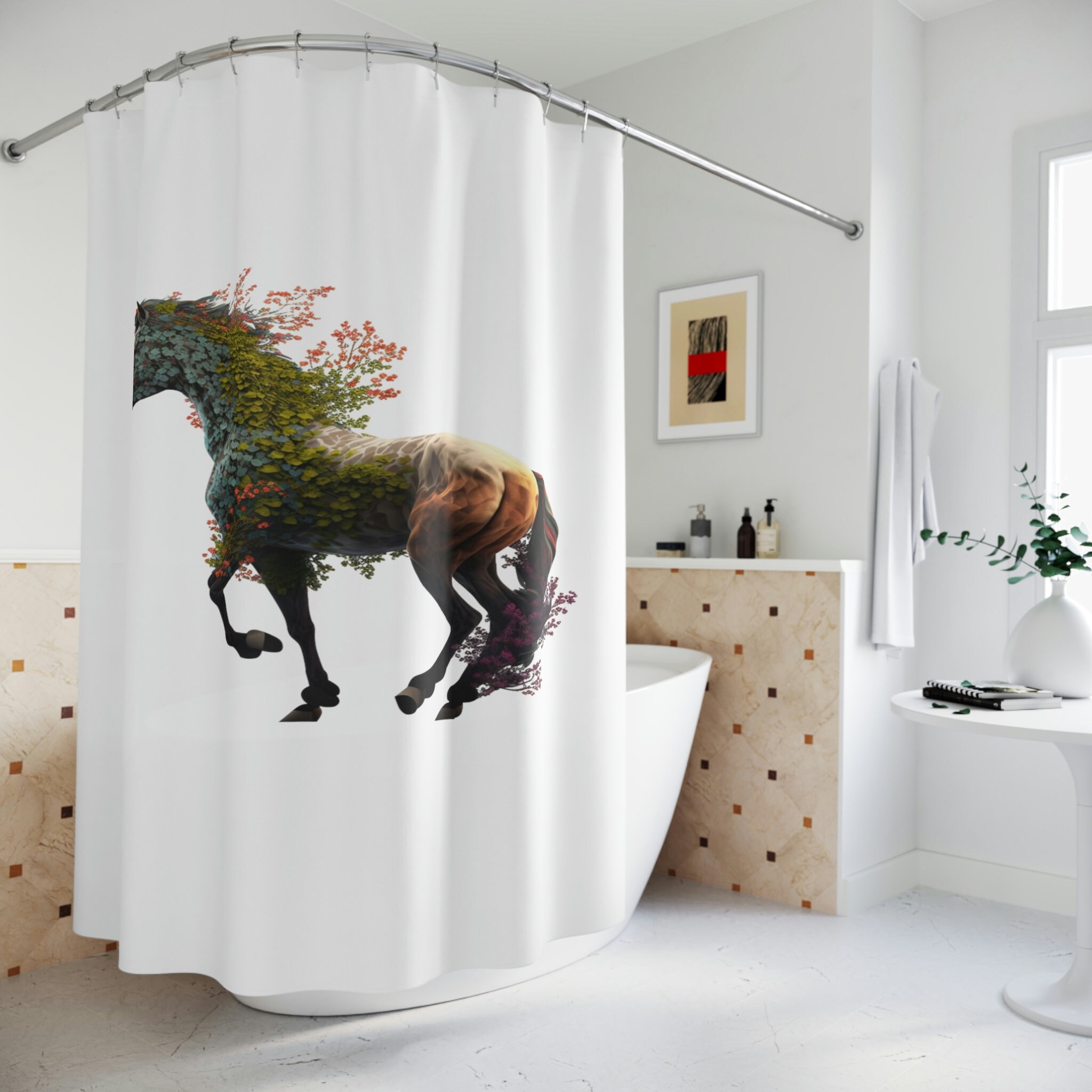 Beyond Animals Brown Horse Sherpa Shower Curtain, Unique Horse Curtain For Restrooms, Waterproof Fabric