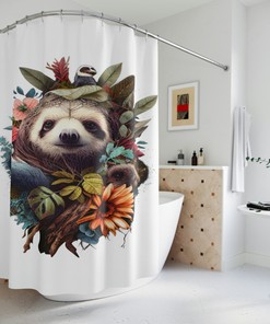 Beyond Animals Sloth Sherpa Shower Curtain, Unique Sloth Curtain For Restrooms, Waterproof Fabric