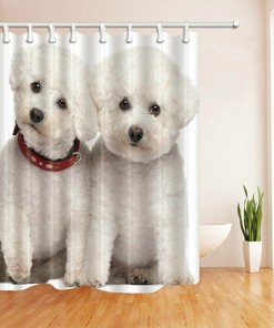Bichon Dog Couple Restroom Shower Curtain, Waterproof Fabric Pet Bathroom Decors