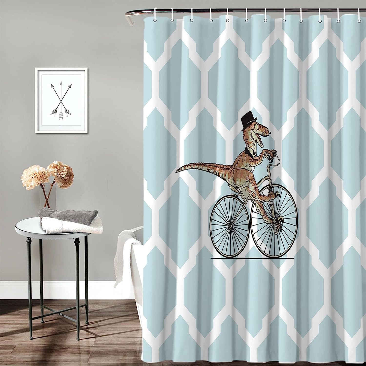Bicycle Dinosaur Geometric Kids Shower Curtain - Travel Shower Curtain for Unique Bathroom Decor