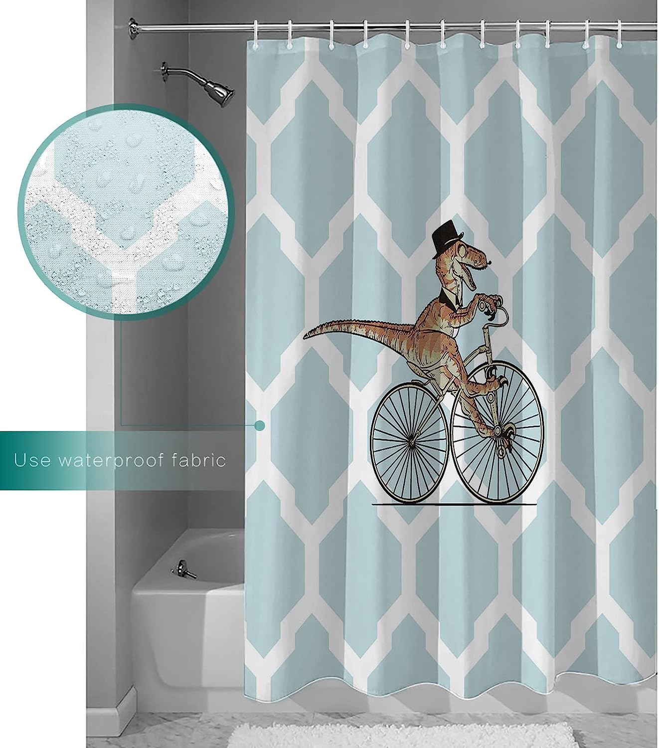 Bicycle Dinosaur Geometric Kids Shower Curtain - Travel Shower Curtain for Unique Bathroom Decor