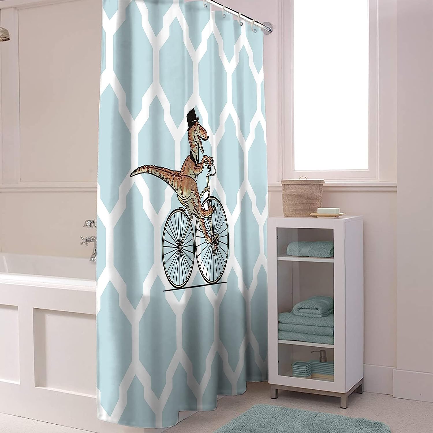 Bicycle Dinosaur Geometric Kids Shower Curtain - Travel Shower Curtain for Unique Bathroom Decor