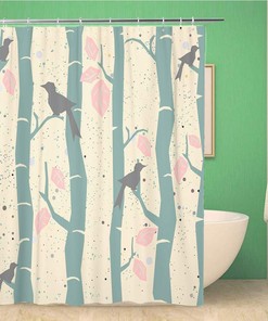 Big Birds and Leaves Abstract Tree Shower Curtain with Blue Pattern for Bathroom Decoration by Topyee