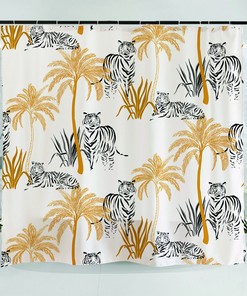 Big Cat Tiger Palm Tree Gold Shower Curtain, Black Trendy Modern Bathroom Decor With Waterproof Fabric