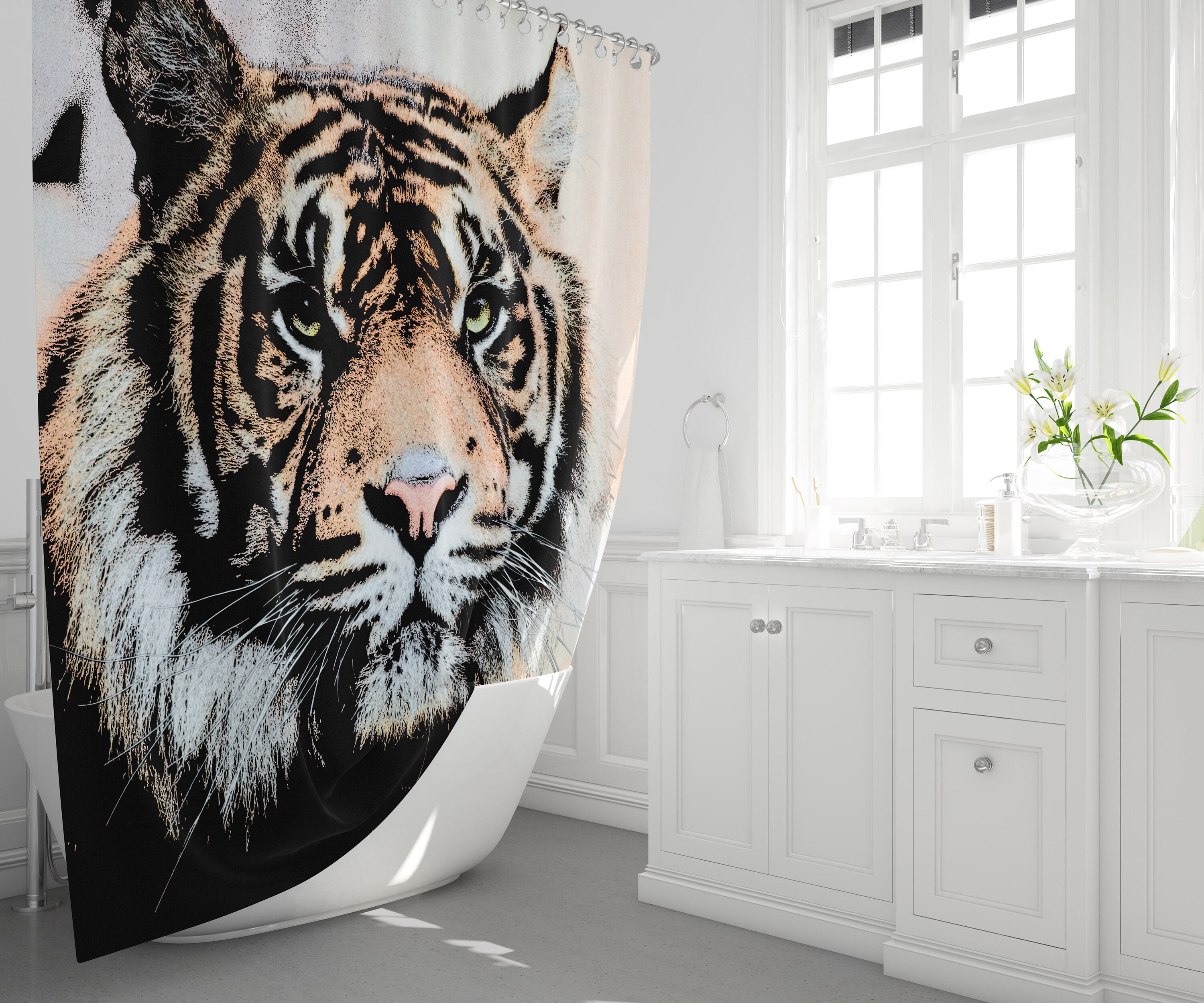 Big Cat Tiger Sketch Style Unique Shower Curtain With Microfiber Accents