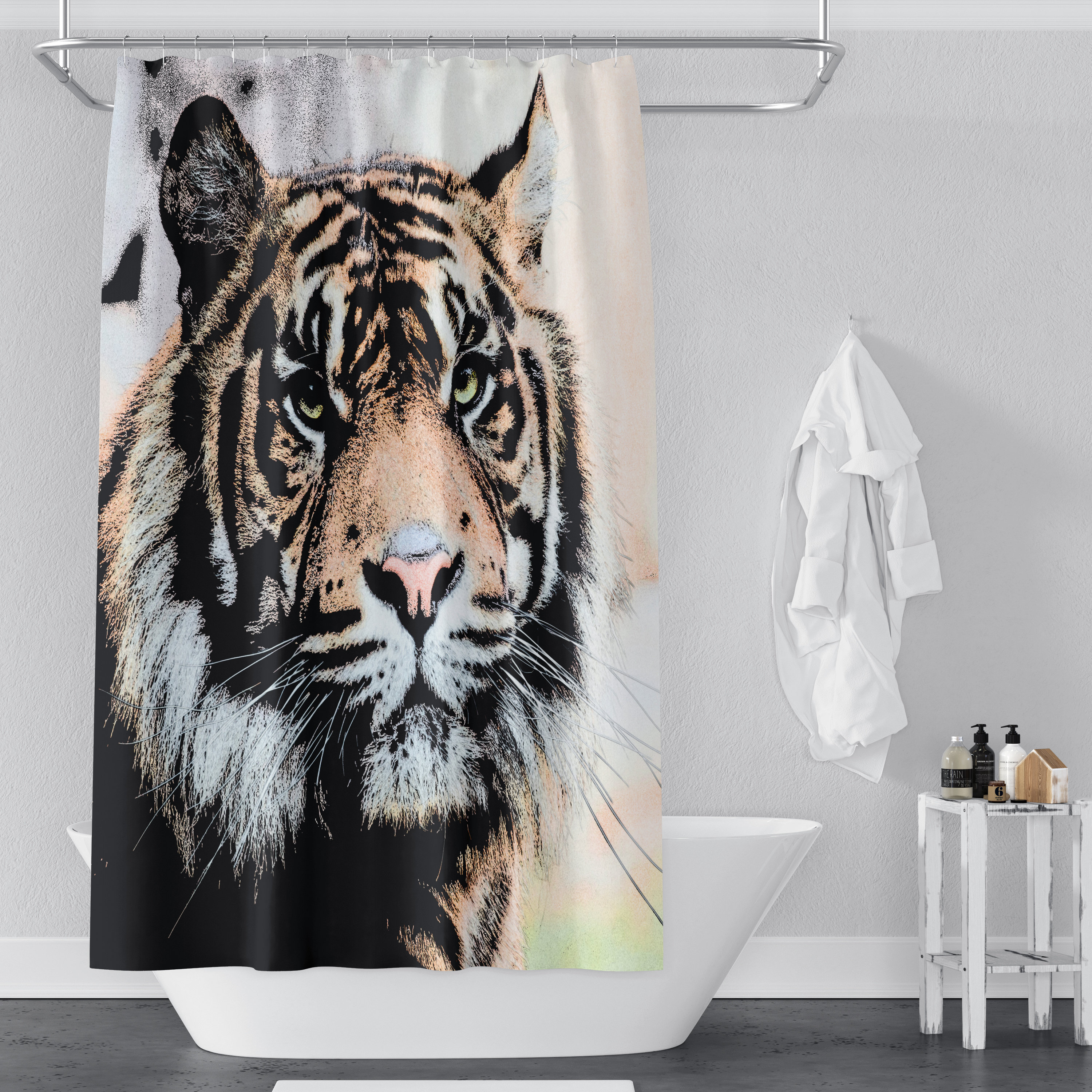 Big Cat Tiger Sketch Style Unique Shower Curtain With Microfiber Accents - Image 2