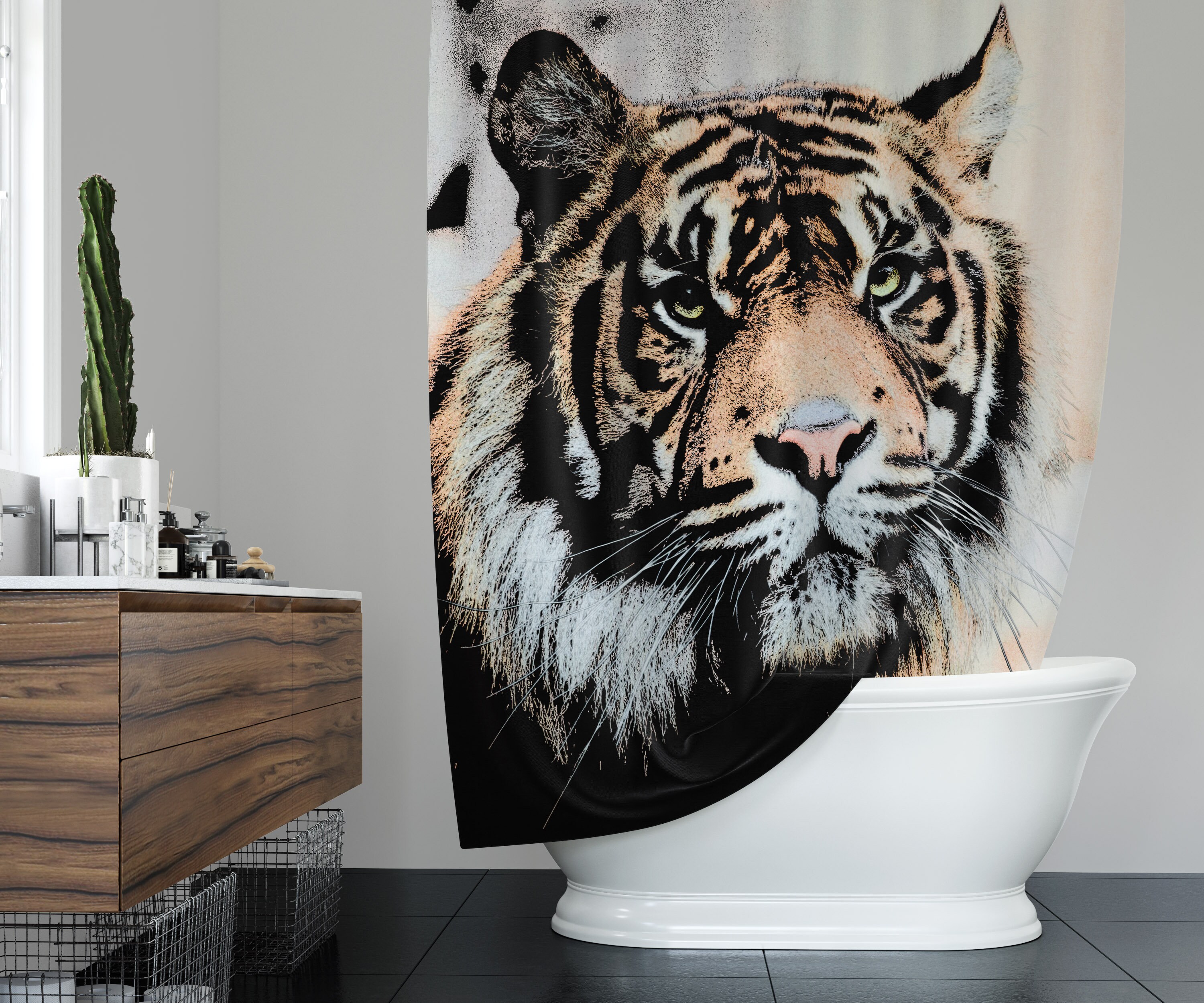 Big Cat Tiger Sketch Style Unique Shower Curtain With Microfiber Accents - Image 3