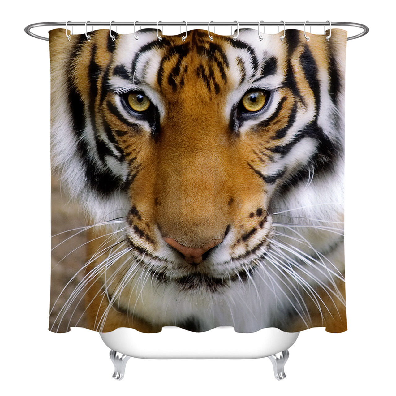 Big Eyes Tiger Staring Pattern Bathroom Waterproof Shower Curtain With Microfiber Accents - Image 2