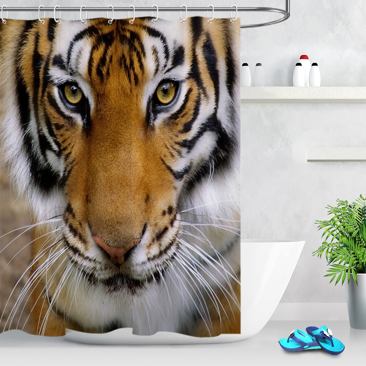 Big Eyes Tiger Staring Pattern Bathroom Waterproof Shower Curtain With Microfiber Accents - Image 3