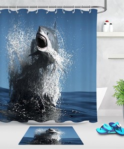 Big Shark Jumping Above Sea Water Blue Color Restroom Shower Curtain With Microfiber Accents