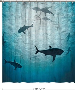 Big Shark with Sea Creatures Shower Curtain - Underwater Bathroom Decor