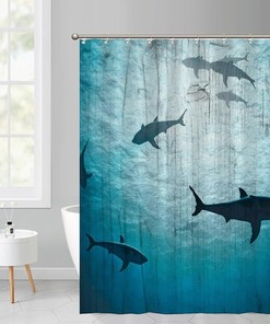 Big Shark with Sea Creatures Shower Curtain - Underwater Bathroom Decor