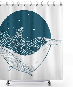 Big Whale Swimming in a Wavy Ocean Shower Curtain with Retro Antique Ship Artwork Print for Nautical Bathroom