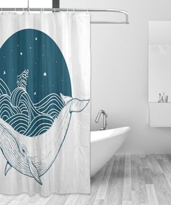Big Whale Swimming in a Wavy Ocean Shower Curtain with Retro Antique Ship Artwork Print for Nautical Bathroom
