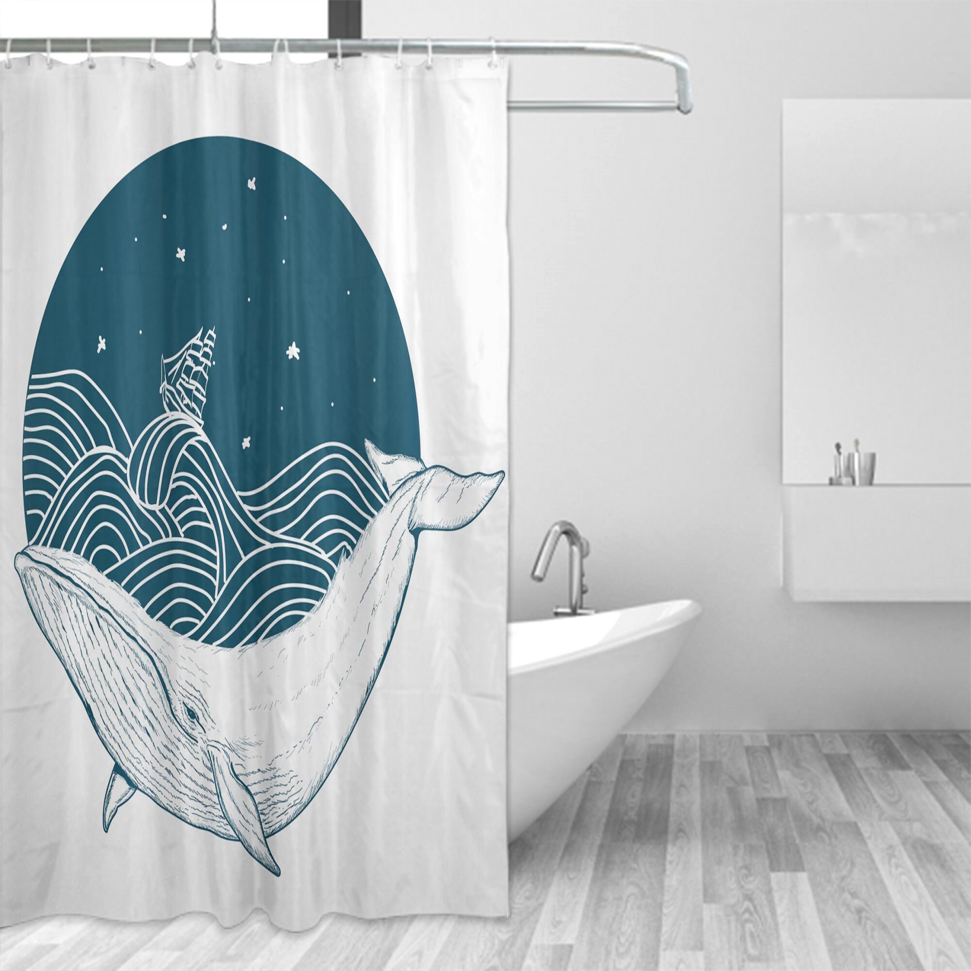 Big Whale Swimming in a Wavy Ocean Shower Curtain with Retro Antique Ship Artwork Print for Nautical Bathroom