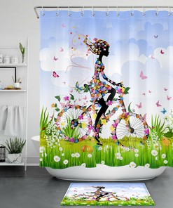 Bike Girl Flower Butterfly Decorative Shower Curtain With Microfiber Accents, Spring Lawn Easter Eggs Bathroom