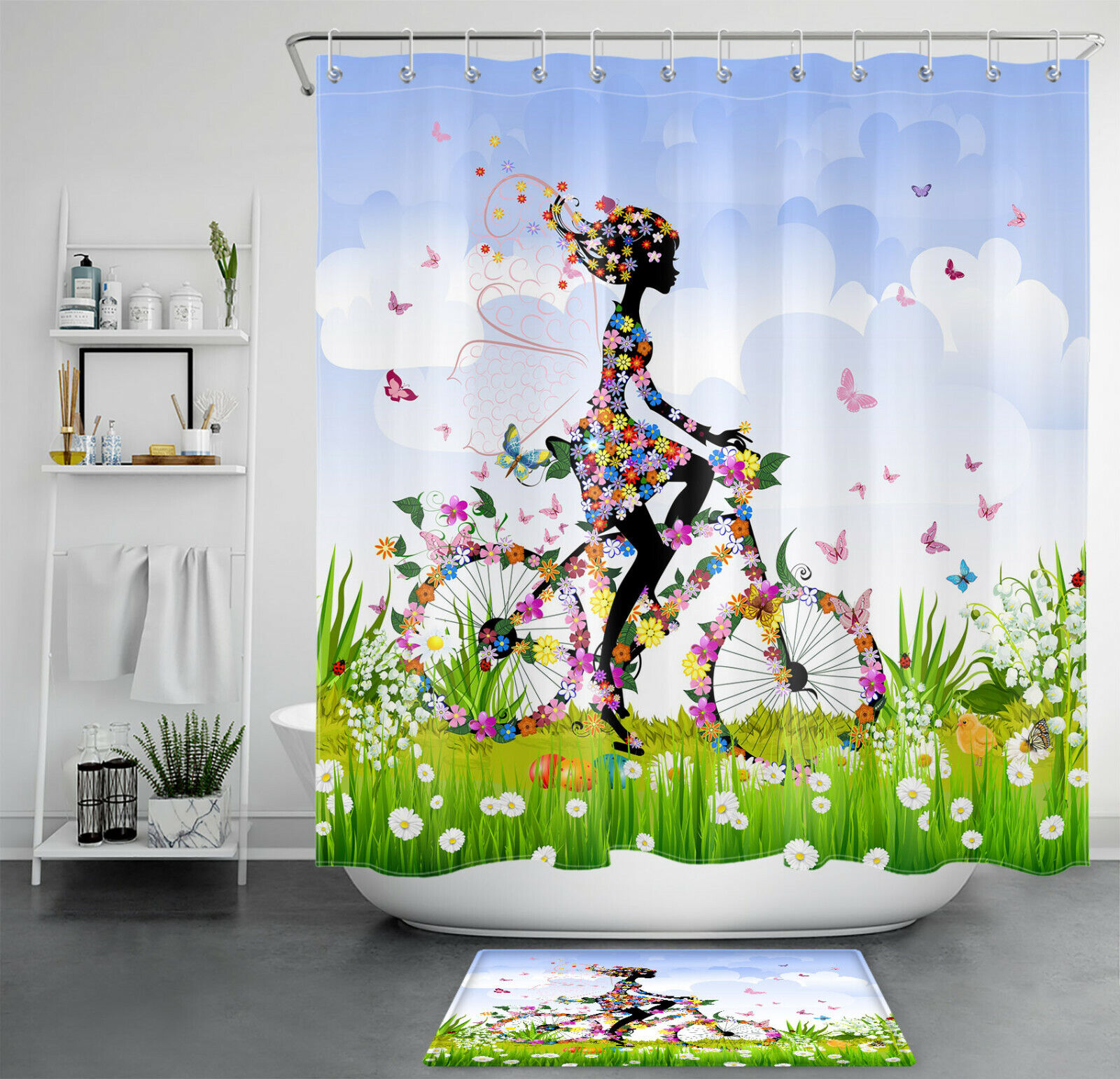 Bike Girl Flower Butterfly Decorative Shower Curtain With Microfiber Accents, Spring Lawn Easter Eggs Bathroom