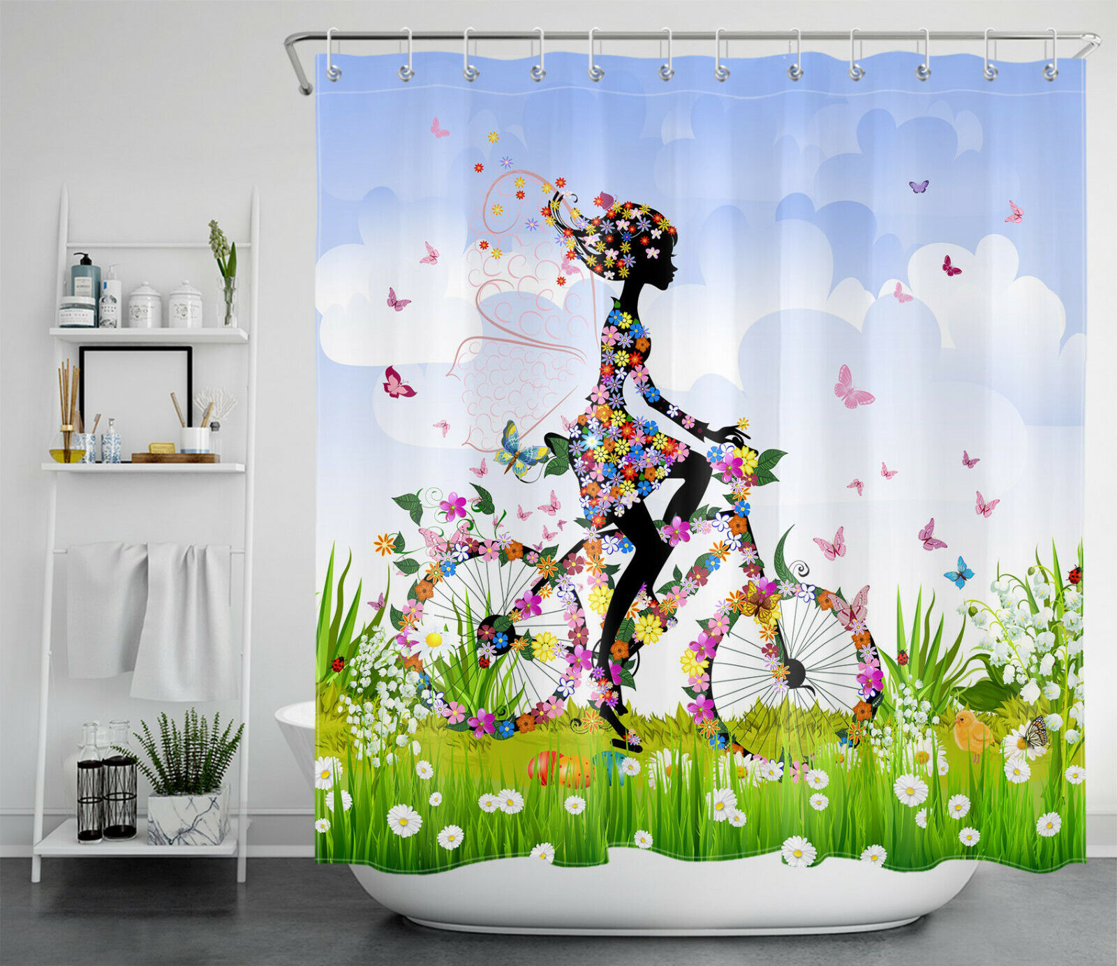 Bike Girl Flower Butterfly Decorative Shower Curtain With Microfiber Accents, Spring Lawn Easter Eggs Bathroom - Image 2