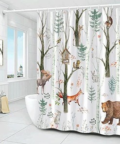 Birch Forest Cabin Shower Curtain For Rustic Life-Lovers - Forest Animal Bear Moose Rustic