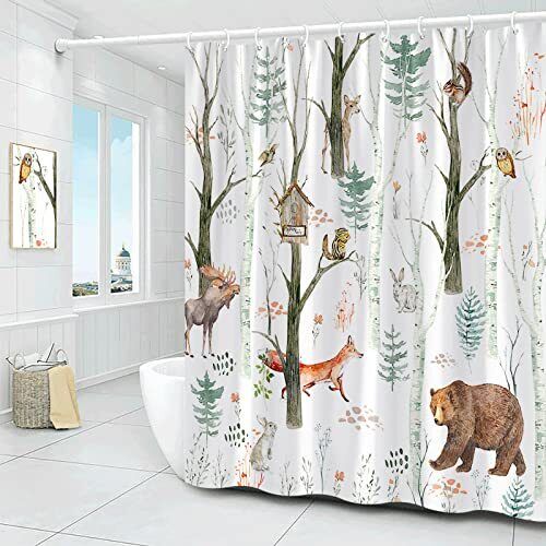 Birch Forest Cabin Shower Curtain For Rustic Life-Lovers - Forest Animal Bear Moose Rustic