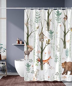 Birch Forest Cabin Shower Curtain For Rustic Life-Lovers - Forest Animal Bear Moose Rustic