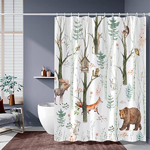 Birch Forest Cabin Shower Curtain For Rustic Life-Lovers - Forest Animal Bear Moose Rustic