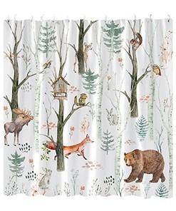 Birch Forest Cabin Shower Curtain For Rustic Life-Lovers - Forest Animal Bear Moose Rustic