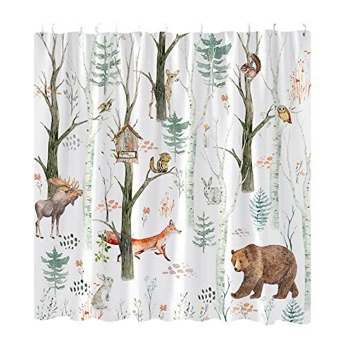 Birch Forest Cabin Shower Curtain For Rustic Life-Lovers - Forest Animal Bear Moose Rustic