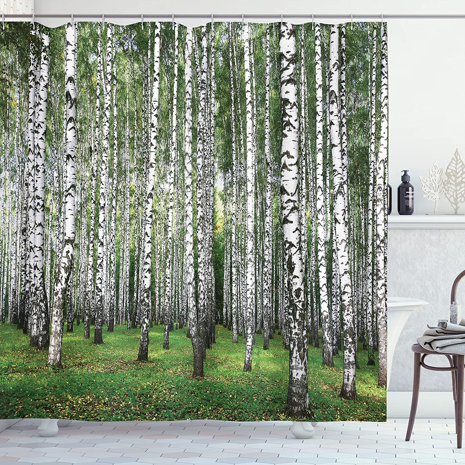 Birch Forest Landscape Shower Curtain | Autumn Trees September View | Cloth Fabric Bathroom Decor (White Black)