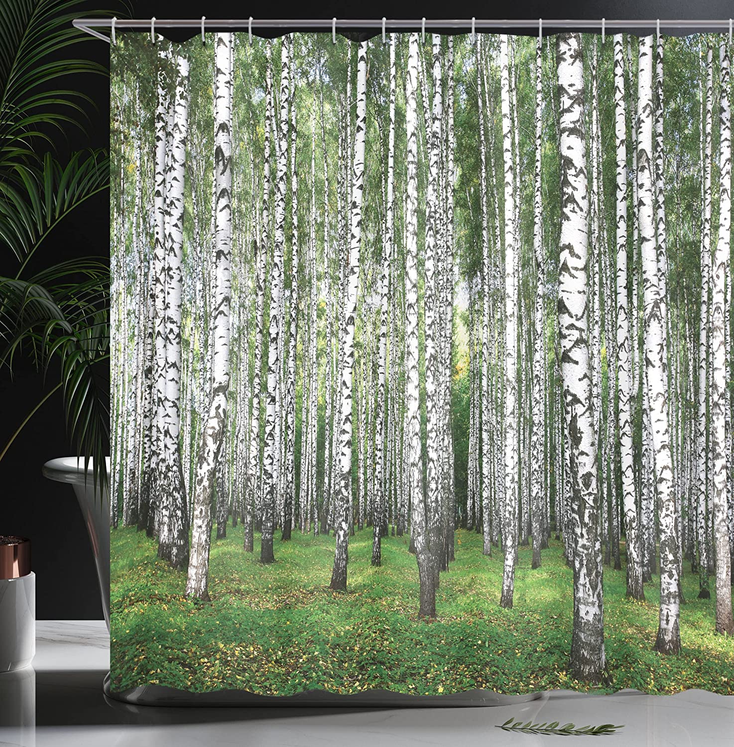 Birch Forest Landscape Shower Curtain | Autumn Trees September View | Cloth Fabric Bathroom Decor (White Black) - Image 3