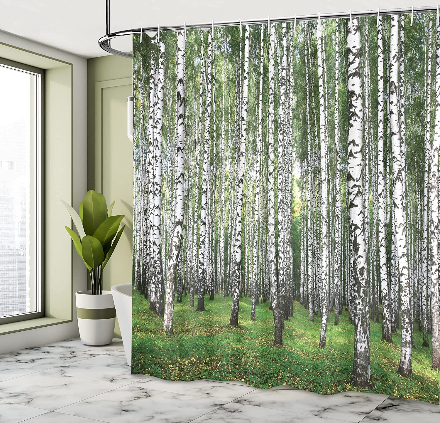 Birch Forest Landscape Shower Curtain | Autumn Trees September View | Cloth Fabric Bathroom Decor (White Black) - Image 4