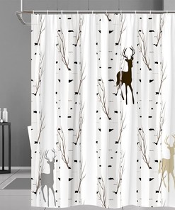 Birch Tree Forest Shower Curtain, Moose Deer Country Farmhouse Abstract Simple Nature Scenery Bathroom Decor Fabric