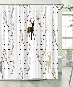Birch Tree Forest Shower Curtain, Moose Deer Country Farmhouse Abstract Simple Nature Scenery Bathroom Decor Fabric