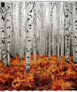 Birch Trees Autumn Forest Tree Branches Leaves Nature Scenery Landscape Shower Curtain for a Nature-inspired Bathroom