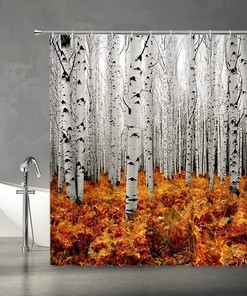 Birch Trees Autumn Forest Tree Branches Leaves Nature Scenery Landscape Shower Curtain for a Nature-inspired Bathroom