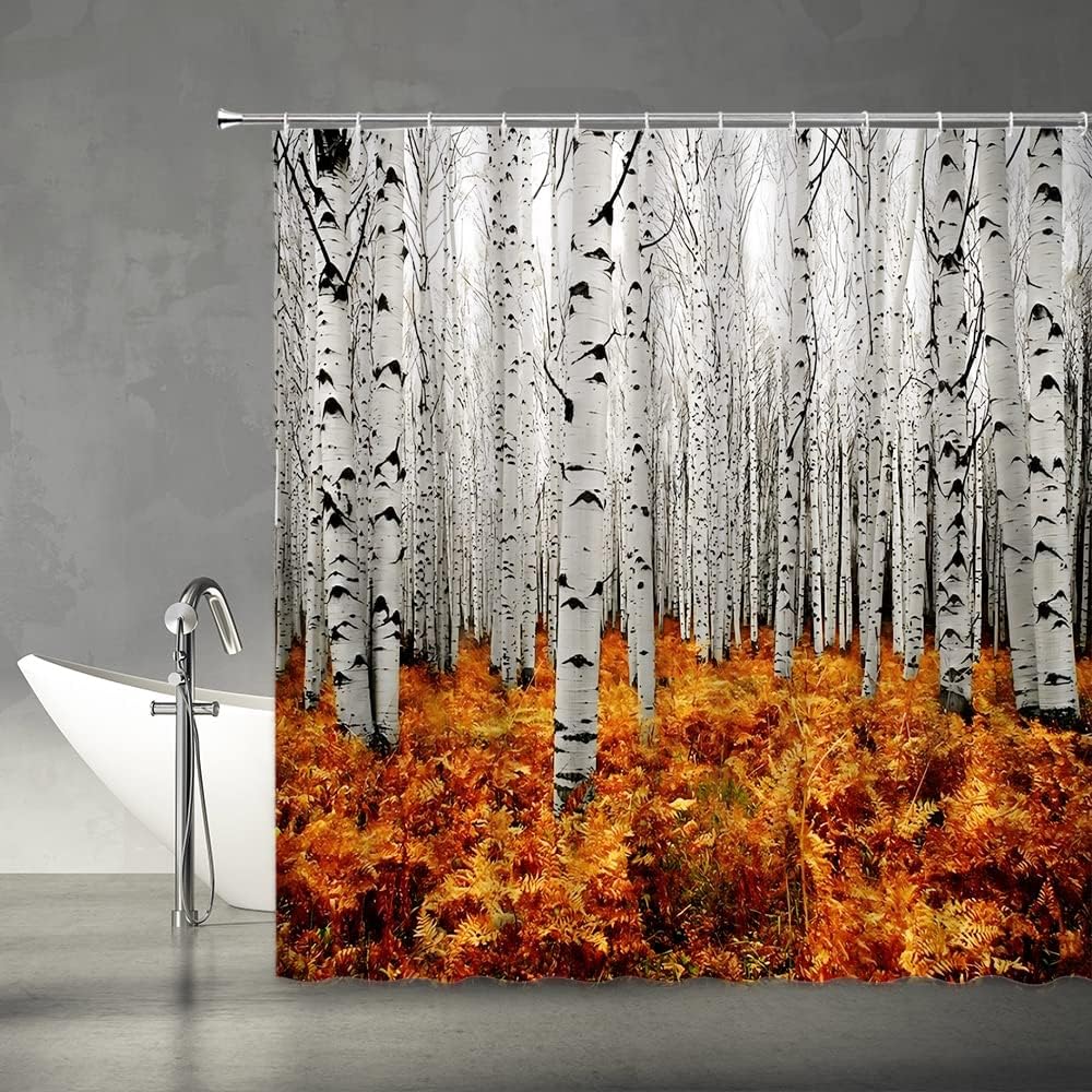 Birch Trees Autumn Forest Tree Branches Leaves Nature Scenery Landscape Shower Curtain for a Nature-inspired Bathroom