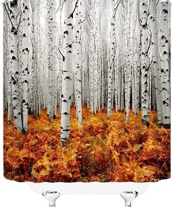 Birch Trees Autumn Forest Tree Branches Leaves Nature Scenery Landscape Shower Curtain for a Nature-inspired Bathroom