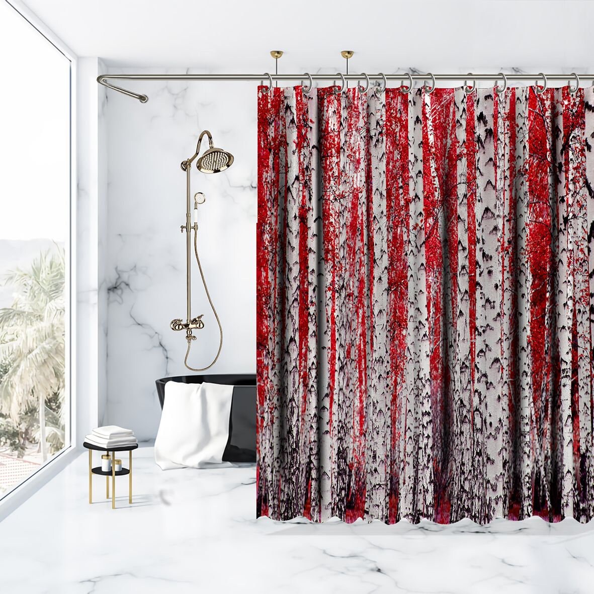 Birch Trees Forest Scenery Nature Printed Shower Curtain for a Rustic and Earthy Bathroom Look