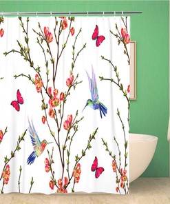 Bird Floral Pattern with Hummingbirds, Tropical Japanese Flowers, Butterflies and Peony Shower Curtain