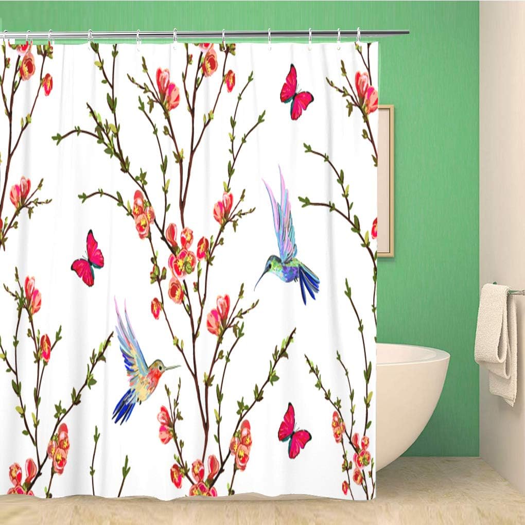 Bird Floral Pattern with Hummingbirds, Tropical Japanese Flowers, Butterflies and Peony Shower Curtain