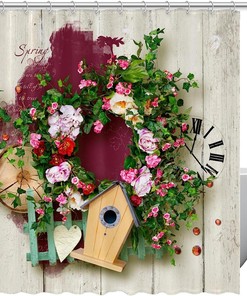Bird House Floral Rose Fabric Shower Curtain for Bathroom Decor
