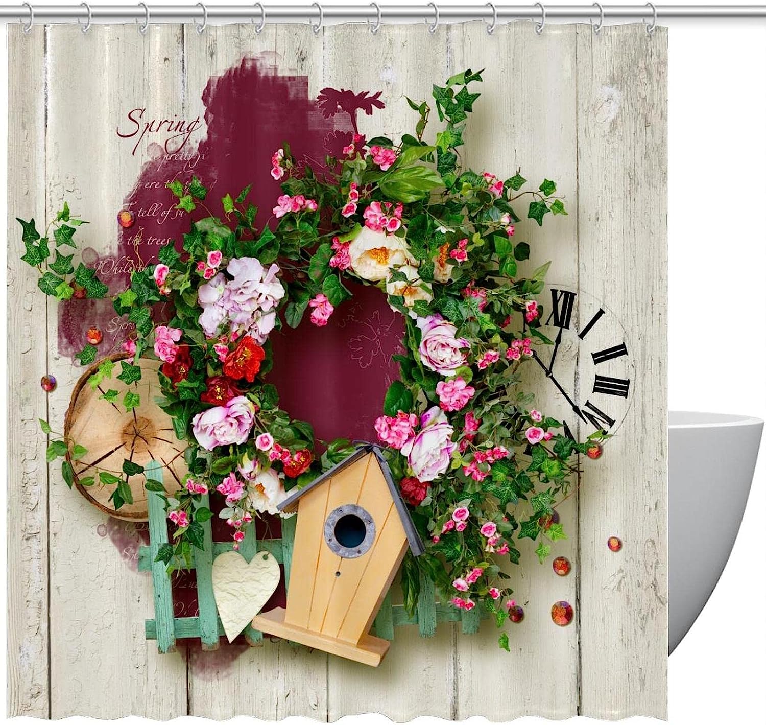 Bird House Floral Rose Fabric Shower Curtain for Bathroom Decor