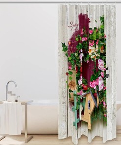 Bird House Floral Rose Fabric Shower Curtain for Bathroom Decor
