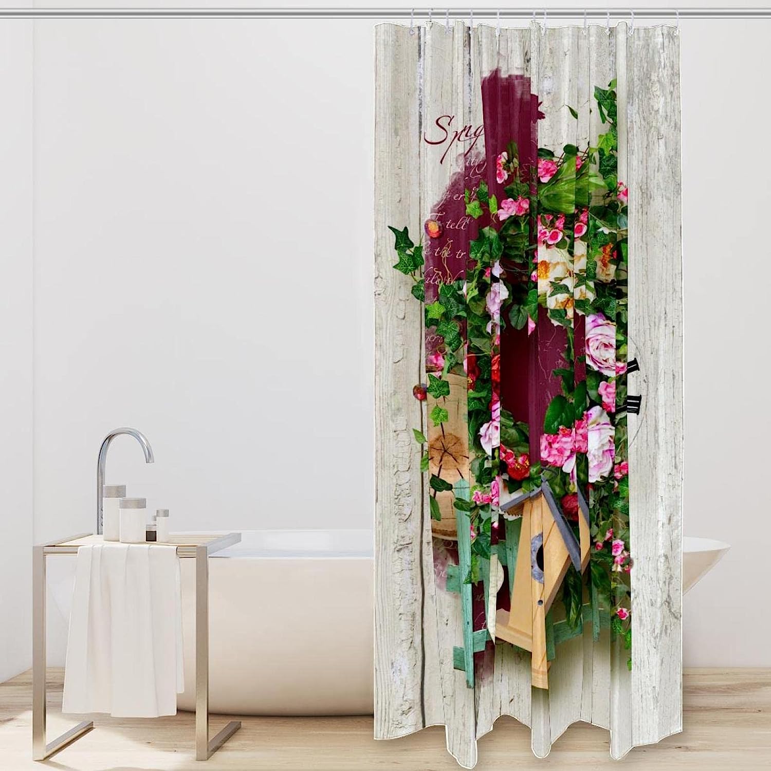 Bird House Floral Rose Fabric Shower Curtain for Bathroom Decor