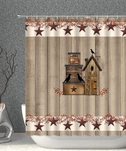 Birdhouse And Texas Star Rustic Wood Barn Door Shower Curtain Primitive Farmhouse Pip Berry Bathroom Decor Fabric