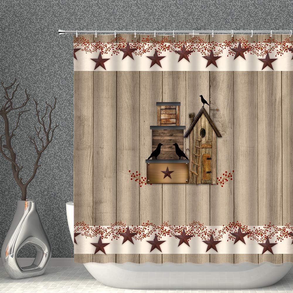 Birdhouse And Texas Star Rustic Wood Barn Door Shower Curtain Primitive Farmhouse Pip Berry Bathroom Decor Fabric