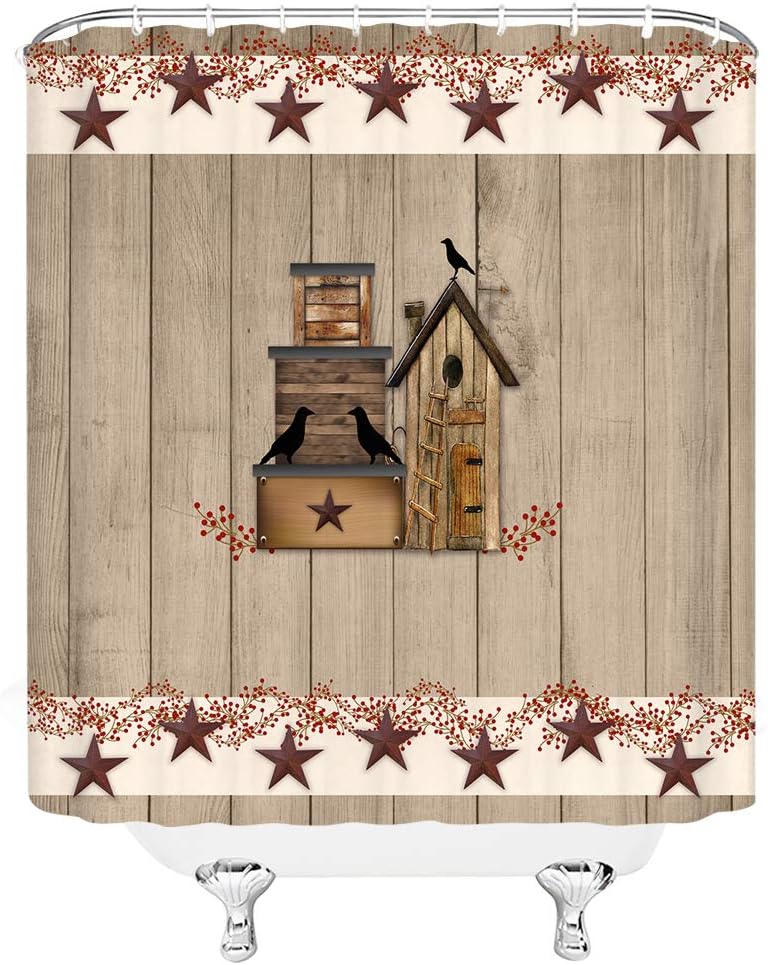 Birdhouse And Texas Star Rustic Wood Barn Door Shower Curtain Primitive Farmhouse Pip Berry Bathroom Decor Fabric - Image 2