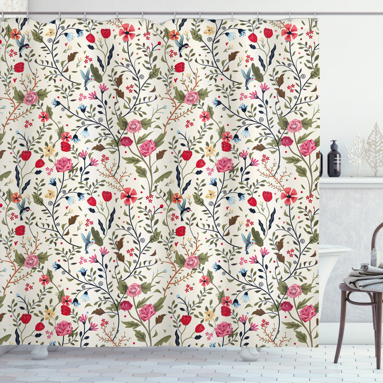 Birds And Roses Polka Dots Print Floral Shower Curtain, Create An Adorable Bathroom Ambience