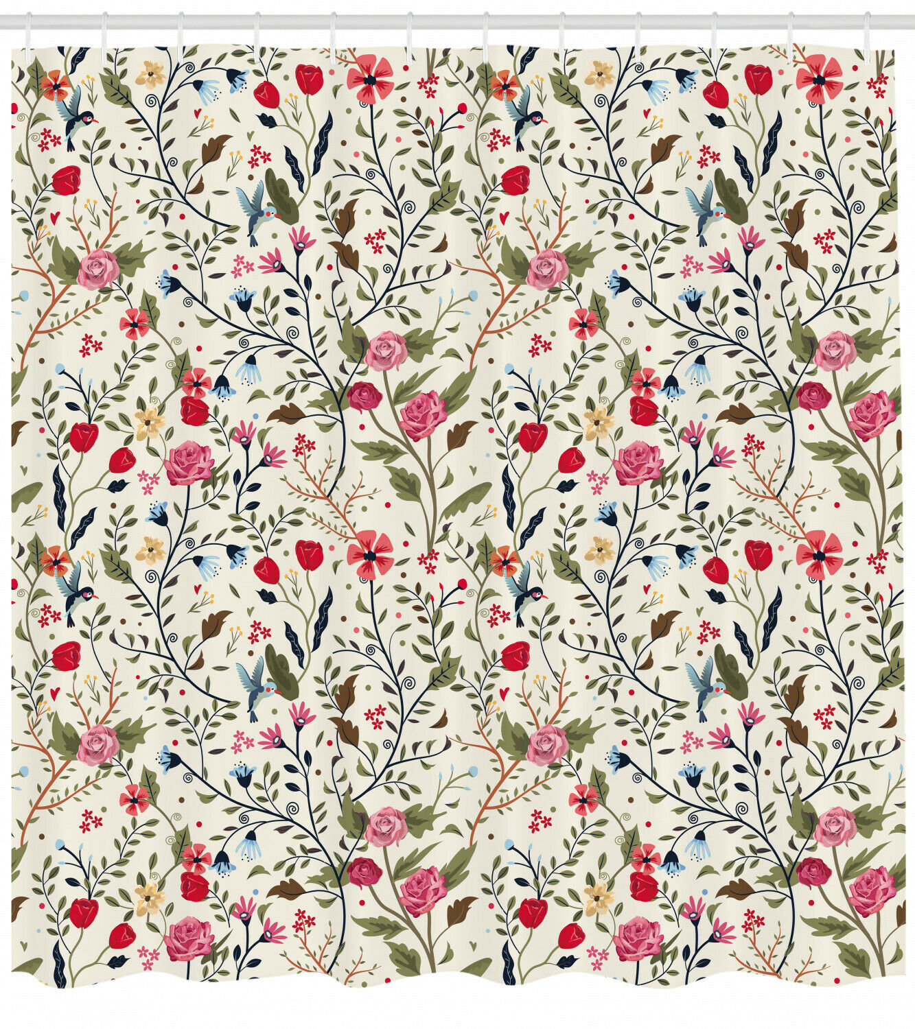 Birds And Roses Polka Dots Print Floral Shower Curtain, Create An Adorable Bathroom Ambience